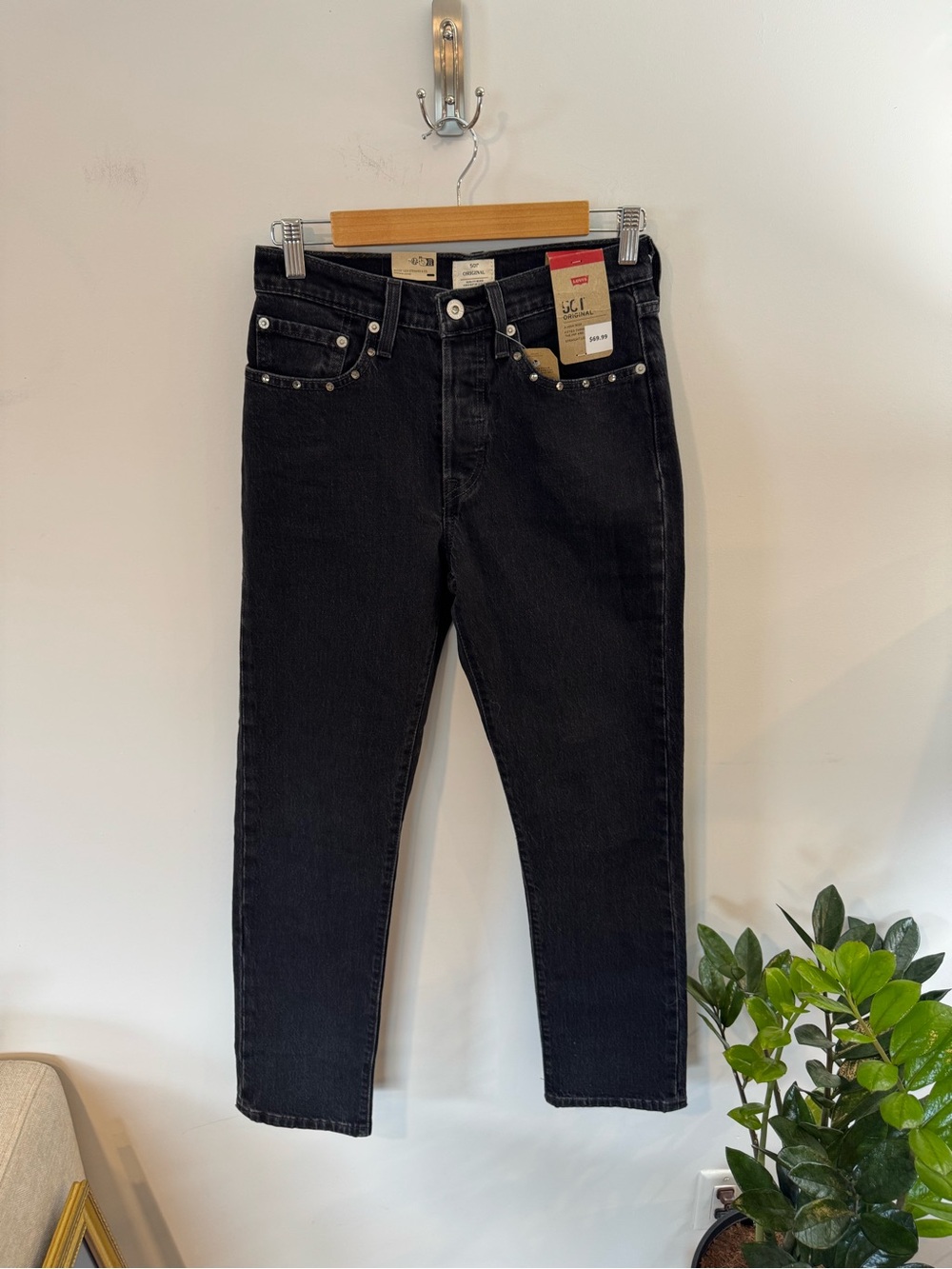 Levi's 501 Original High Rise Regular Fit Jeans, Black Wash, Studded, 26x30 NWT